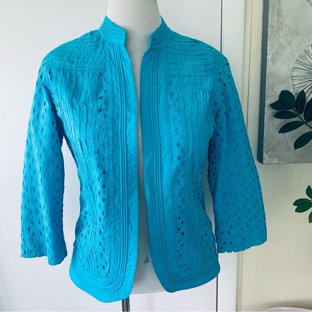 Chiko's 100% turquoise eyelet cotton open front jacket  size 1 (M)